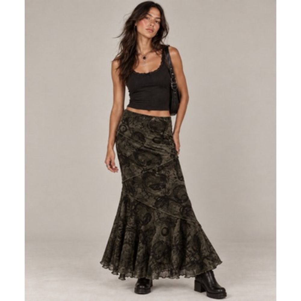 Thorn & Fable Maxi Skirt Womens Large Green Animal Print Trumpet Mesh Goth Y2K